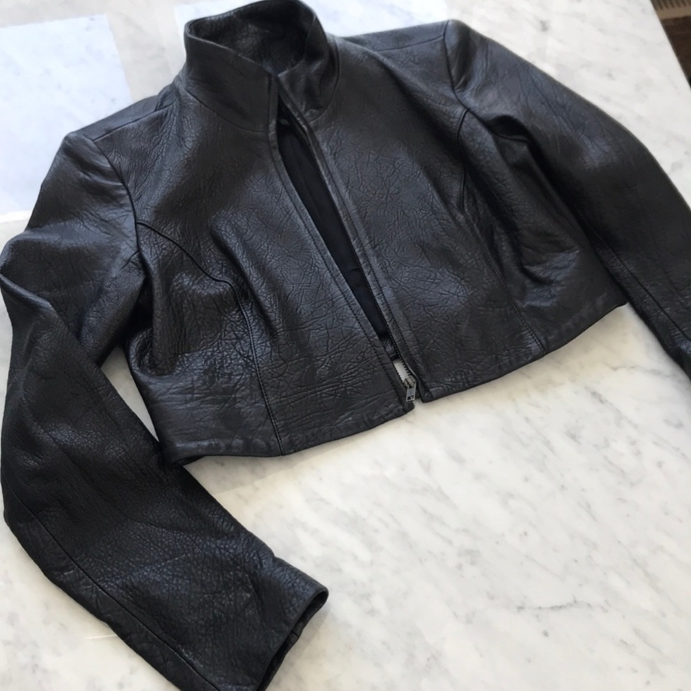 Theyskens’ theory soft, cropped leather jacket.